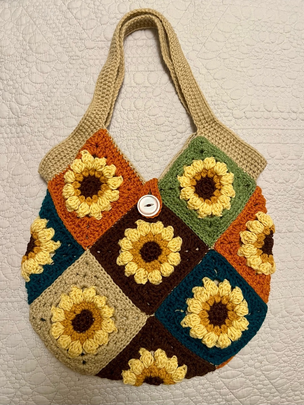 Handmade Multicolor Crocheted Sunflower Tote Bag